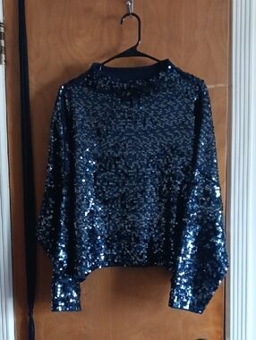 Pilcro Navy Blue Sequined Crewneck Sweatshirt
